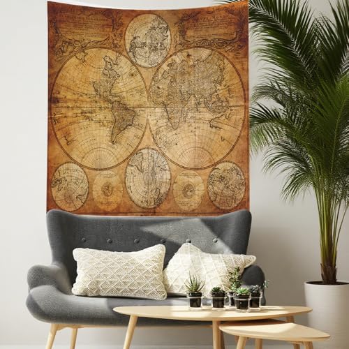 CAPSCEOLL World Map Wall Tapestry, College Dorm Room Decorations Wall Hanging Art Tapestry World Wall Tapestry Travel Map Tapestry Map Dorm Tapestry College Decor Halloween 50X60 Inches - color: Brown Yellow, size: 50"L x 60"W