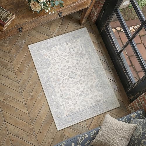 2x3 Blue Washable Area Rug for Living Room Bedroom Neutral Soft Floral Non Slip Thin Throw Rug Lightweight Vintage Low Pile Distressed Doormat Nursery Entrance Playroom Front Door Bathroom - color: Blue Grey, size: 2'x3'