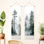 seewan 2 Pack Long Vertical Wall Tapestry, Boho Nature Landscape & Floral Aesthetic Wall Hanging for Bedroom Living Room Home Decor, Long Narrow Art Tapestry with Sunrise Mountain Botanical Designs, 13" × 51" (Foggy Pine Silhouette, 13"Wx51"H, Unframed) -