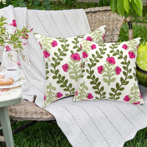 Alysheer Summer Decorative Throw Pillow Covers 18"x 18" Set of 2, Floral Embroidered Farmhouse Hot Pink Flowers Green Vine Patterned Cotton Canvas Cushion Case for Sofa Couch Bed Living Room Decor - color: Hot Pink, size: 18" x 18" (Pack of 2)