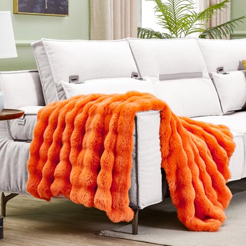 JONIYEAR Solid Fall Bubble Faux Rabbit Fur Throw Blanket for Couch 50" x 60", Decorative Comfy Puffy Warm Fuzzy Blanket for Winter, Extra Thick Shaggy Cozy Comfy Fluffy Blankets for Adult Kids, Orange - color: Orange - 900gsm, size: Travel/Throw Size - 50