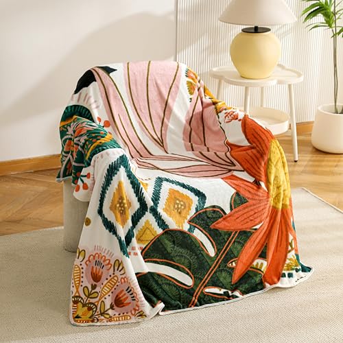 Tyrot Boho Floral Flannel Fleece Twin Blanket – Soft, Warm & Lightweight Fuzzy Blanket for Couch, Bed, or Sofa Decor, Cute Botanical Design Throw for Women & Girls, 60''x80'' - color: Blush Pearl, size: Twin(60''x80'')