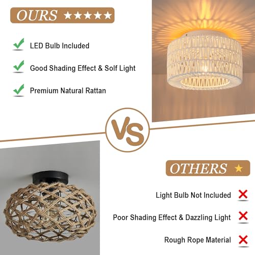 SineRise Rattan Ceiling Light Fixtures (12-Inch, LED Bulb Included), Hand-Woven Boho Flush Mount Ceiling Light, Rattan Chandelier for Hallway Kitchen Farmhouse Foyer Entryway Living Room(White) - color: White, size: Small
