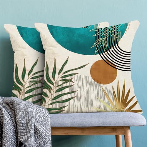 Boho Pillow Covers 16x16 Set of 2 Abstract Teal Green Gold Sunset Throw Pillow Covers Outdoor Decor Mid Century Bohemian Style Tropical Leaf Pillowcase Farmhouse Cushion Case for Sofa Couch - color: Mid-century-teal, size: 16" x 16" (Pack of 2)