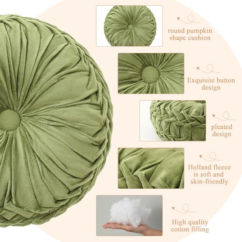 Drydiet 1 Pcs Round Throw Velvet Pillows Decorative Pleated Throw Pillows Diameter Accent Pumpkin Boho Chair Cushion for Couch Sofa Home Decoration (Olive Green,15'') - color: Olive Green, size: 15''