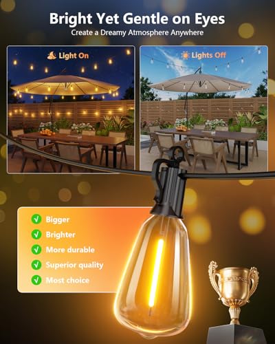 Brightown 175FT Solar String Lights Outdoor Waterproof with Remote, 56+2 LED Shatterproof Bulbs, Dimmable & Timable, 3 Light Modes - Commercial Grade Patio Lights for Garden Backyard Party Decor - size: 175FT(56 Sockets)