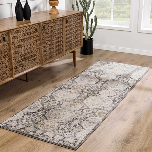 Hauteloom Kismet Boho Vintage Traditional Damask Runner Rug - Farmhouse Traditional Floral Medallion Carpet for Hallway, Kitchen - Black, Tan, Gray, Brown, Beige - 2'7" x 7'3" - color: Beige, Black, Charcoal / Minoa, size: 2'7" x 7'3" (Runner)
