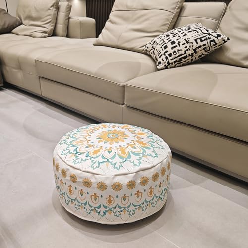 MOCOFO Round Bohemian Ottoman Pouf Cover, 18 Inch, Cotton Blend, Church Window Print, Living Room Storage Footrest, Cover Only (Light Tie-dye Cyan) - color: Light Tie-dye Cyan