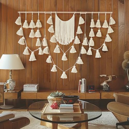 Jakalin Macrame Wall Hanging Boho Tassel Garland 57"x39" | Handmade Cotton Rope Wall Decor for Living Room, Bedroom, Nursery | Large Macrame Banner for Wedding Backdrop, Home Decoration - color: Ivory