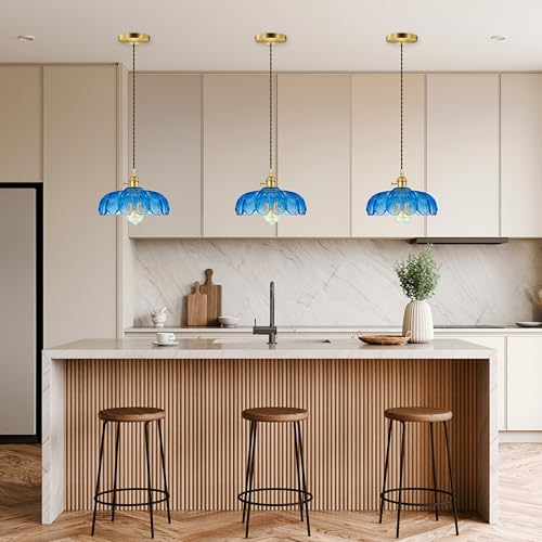 Hardwired Pendant Light Fixture, Hanging Light Fixture, Glass Shade Pendant Light with Rotary Switch, Modern Lamp for Kitchen Island, Bedroom, Dining Room, Living Room (Blue, 6 Ft Cord) - color: Blue, size: 6 ft