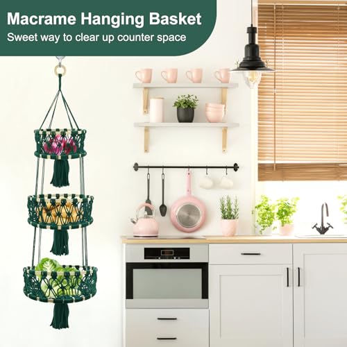 3-tier Hanging Fruit Baskets for Kitchen, Woven Cotton Rope Fruit Hammock, Macrame Hanger Holder for Fruit Vegetable Produce Storage & Organization, Boho Hanging Plant Holder fot Indoor Outdoor - color: Dark Green