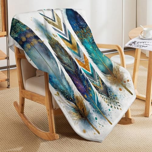 Blanket Feather Pattern Blue Throw Blanket for Women Men, 50"x60" Vintage Watercolor Gold Branch Plush Flannel Throws, Decor for Bed Couch Bedroom - color: Feather Pattern Blue, size: 50"x60"