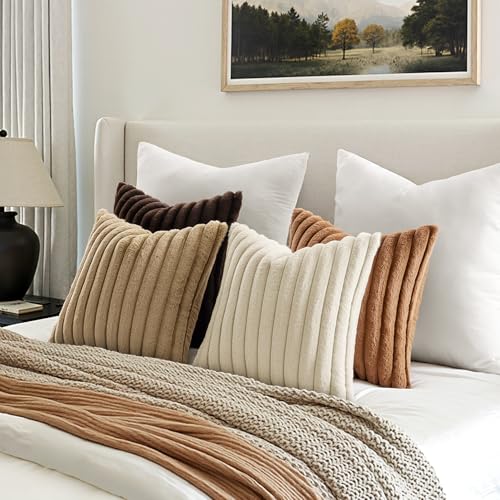 MIULEE Faux Fur Plush Decorative Throw Pillow Covers 18x18 Set of 4, Boho Farmhouse Soft Fuzzy Striped Cushion Covers for Sofa Couch Bed Living Room Vintage Rustic Home Decor,Brown - color: Brown, size: 18" x 18" (Pack of 4)