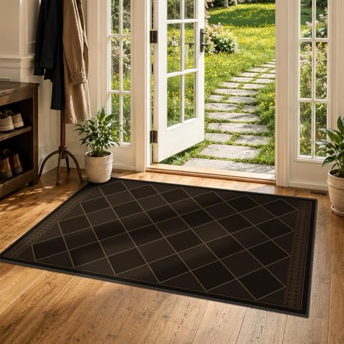 Checkered Easy Jute 3x5 for Porch Rugs Indoor Outdoor Decor, Washable Non Slip Entry Way Front Door Mat Outdoor, Farmhouse Patio Rug, Dark Brown Non Slip Daimond Carpet for Kitchen, Backyard, Laundry - color: Dark Brown, size: 3' x 5' (Rectangular)