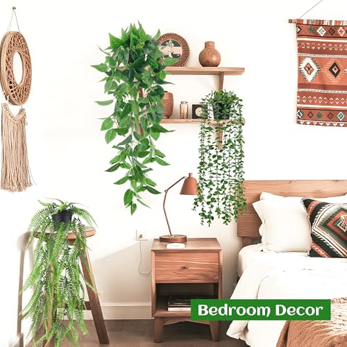 Der Rose 4Pcs Fake Plants Hanging Artificial Ivy Vine Faux Eucalyptus Hanging Plants, Boston Fern, String of Pearls for Living Room Aesthetic Bedroom Boho Kitche Wall Shelf Indoor Outdoor Decor - color: Black Pots-4pcs Green