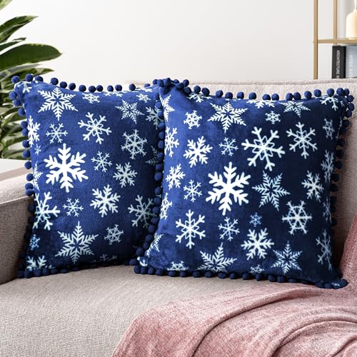 PAVILIA Snowflake Blue Throw Pillow Covers with Pom Pom 20x20 Set of 2, Christmas Decorative Pillow Cases for Bedroom, Holiday Small Pillows Set for Bed, Velvet Winter Plush Cushion Covers Sofa Couch - color: Snowflake Blue, size: 20" x 20" (Pack of 2)