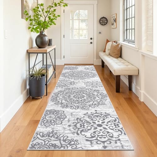 HEBE Hallway Runner Rug 3'x12' Washable Vintage Distressed Area Rugs Non Slip Laundry Rug Runner Boho Floor Carpet Runners for Hallways Entryway Laundry Room Kitchen Bathroom - color: Grey, size: 3' x 12' (Rectangular)