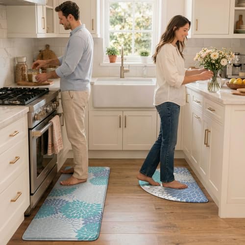KIMODE Half Circle Kitchen Mats for Floor Cushioned Anti Fatigue,Semi Round Floral Boho Kitchen Rug Sets of 2 Non Slip,Waterproof Kitchen Carpet Decor for Sink Laundry Bathroom,Teal Blue - color: Teal Blue, size: 18" x 28"+18" x 47"-0.47 inches