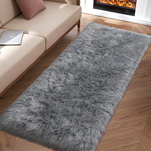 Grey Fluffy Rug for Bedroom, 2'X6' Faux Fur Rug for Runner, Gray Soft Shag Rug for Sofa Couch Cushion, Cozy Shaggy Fuzzy Plush Floor Carpet for Nursery, Cute Bedside Dorm Home Decor Rectangle - color: Grey, size: 6' x 2' (Rectangular)