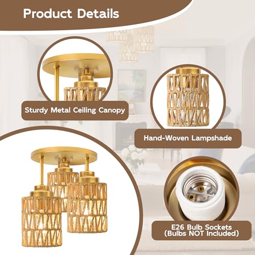 hykolity 3-Light Semi Flush Mount Ceiling Light Fixture, Boho Farmhouse Light Fixtures Ceiling Mount with Hand Woven Rattan Shade, Gold Ceiling Lighting for Kitchen, Bedroom, Entryway, Hallway, ETL - color: Gold-Boho