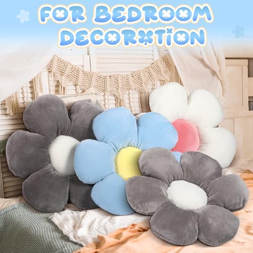Reginary 4 Pcs Flower Floor Pillows Cute Plush Flower Throw Pillows Daisy Floor Seat Cushion Chair Pads for Back to School First Day of School for Sofa Couch Bed Decor(15 Inch,Gray, Blue, White) - color: Gray, Blue, White
