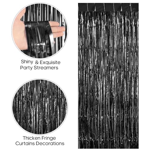 2 Pack Fringe Curtains Backdrops, Foil Fringe Curtains, Door Streamers for Birthday Wedding Bridal Shower Holiday Graduation Party Decorations, Photo Booth Backdrops, Black - color: Black