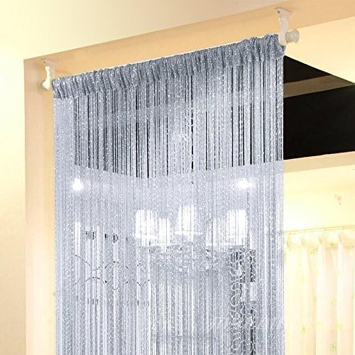 1x2 M Door String Curtain Rare Flat Silver Ribbon Thread Fringe Window Panel Room Divider Cute Strip Tassel for Wedding Coffee House Restaurant Parts, Grey - color: Grey