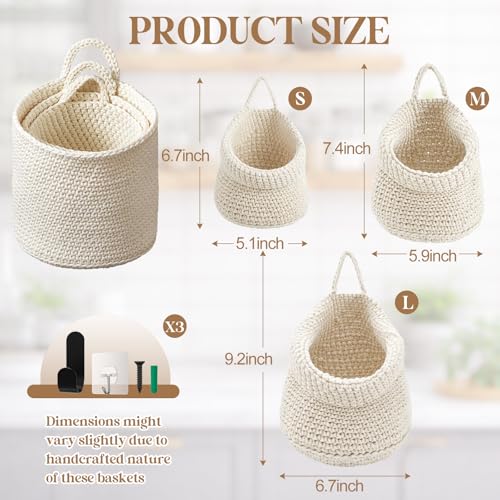 Honeydak Boho Decor Hanging Wall Baskets for Kitchen 3 Pack Teardrop Baskets with Hooks Storage Fruit Onion Vegetable Potato for Home 3 Sizes(White,Barrel,Cotton Rope) - color: White, size: Cotton Rope, style: Barrel