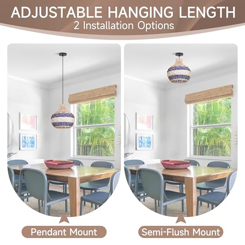 9.8" Rattan Woven Pendant Light, Adjustable Coastal Lamp Shade, Farmhouse Small Chandelier Vintage Hanging Lighting Fixture for Kitchen Island Bedroom Dining Living Room