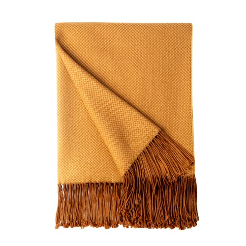 BOURINA Herringbone Two Tone Throw Blanket Faux Cashmere Fringe Soft Lightweight Cozy for Bed Couch Decorative Throws Blanket,Gold, 50" x 60" - color: Gold, size: 50"x60"