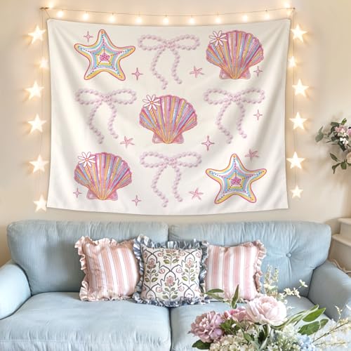 Lacama Bow Coastal Beach Tapestry, Cute Tapestry Decorative for Teen Girls Room Bedroom College Dorm Apartment, College Dorm Decor, 50x60 Inches - color: bow conch