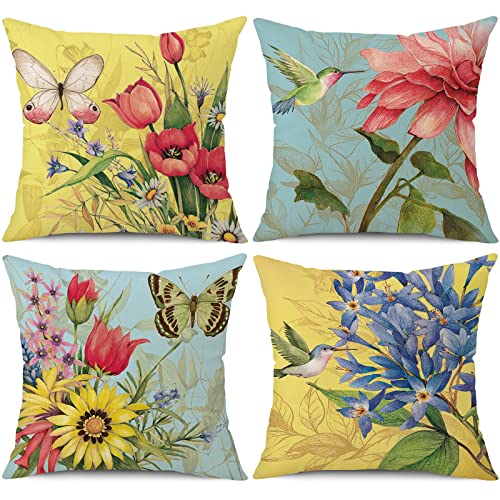 wyooxoo Spring Summer Pillow Covers 16x16 Set of 4 Decorative Throw Pillow Covers Linen Flower Butterfly Farmhouse Pillowcases for Sofa Couch Living Room Outdoor - color: Color B, size: 16" x 16" (Pack of 4)