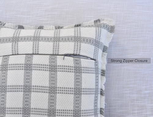 Checkered Throw Pillow Covers with Fringe Set of 2 Woven Cotton Plaid Cushion Covers With Tassels Trim Edge Square Pillow Cases Classic Scandinavian Cottagecore Checks Pattern Grey and White 18x18 - color: Grey, size: 18" x 18" (Pack of 2)