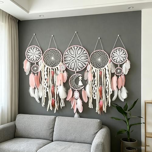 Set of 5 Boho, Hanging Large Boho Dream Catcher Wall Hanging Moon Dream Catcher Set Dream Catchers Wall Decor for Vintage Wedding Home Decorations (Pink) - color: Pink