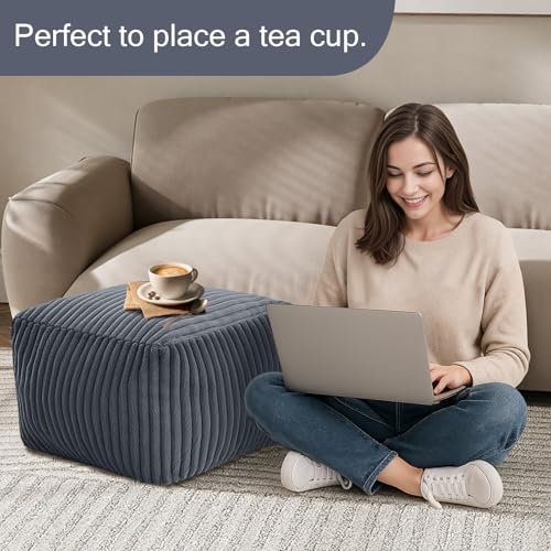 MeMoreCool Square Stuffed Pouf Ottoman Foot Rest, Stripe Furry Floor Pouf Foot Stool with Foam Chunk Filling, Soft Fluffy Stuffed Ottoman Footrest for Living Room, Faux Fur Grey - color: Ribbed Dark Grey