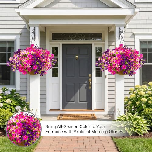 2 Set Artificial Outdoor Petunias Flowers with Hanging Baskets, 24 Pcs UV Resistant Faux Petunias Flowers with Hanging Planter for Front Door Porch Spring Outside Decor (2, RoseRed,RedViolet) - color: Rosered,redviolet