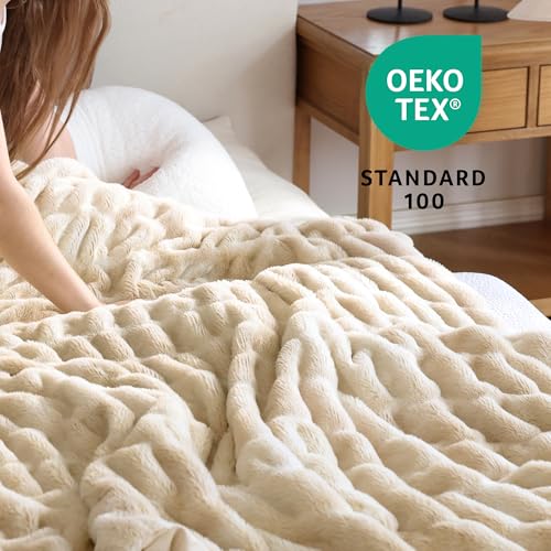 Faux Rabbit Fur Throw Blanket, Ultra Soft Plush Cozy Blanket for Couch Bed, Thick Fluffy Ruched Tie-Dye Decorative Blanket, Giftable,60"x80",Tie-Dye Khaki - color: Tie-dye Khaki, size: Twin(60"x80")