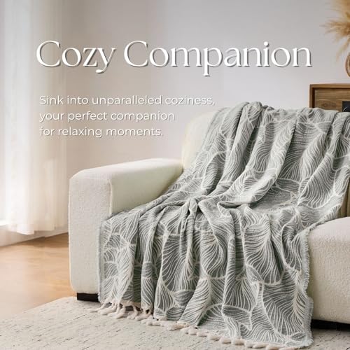 DOWN HOME Chenille Cotton Throw Blanket for Couch, Lightweight Boho Blanket for Bed Sofa Chair Living Room Outdoor Soft Woven Decorative Blanket with Tassel Gift Grey Leaves 55"x60" - color: Grey, size: 55"x60"