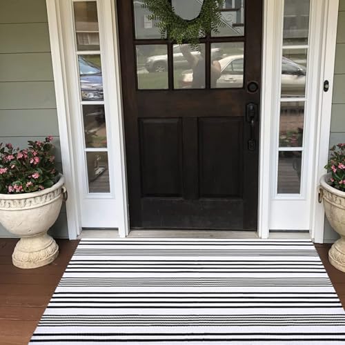Black and White Striped Outdoor Rug Front Porch Rug 27.5"x43" Cotton Hand-Woven Welcome Mats Layered Door Mats for Front Porch/Entryway/Laundry Room/Bedroom/Outdoor - color: Black&white Stripe S, size: 2'4" x 3'7" (Rectangular)