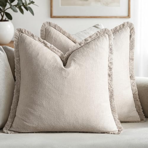 MIULEE Decorative Throw Pillow Covers Neutral Linen Fringe Throw Pillows Set of 2 Natural Beige Boho Farmhouse Cushion Covers with Tassels for Couch Sofa Bed Living Room Spring Decor 16x16 Inch - color: Natural Beige, size: 16" x 16" (Pack of 2)