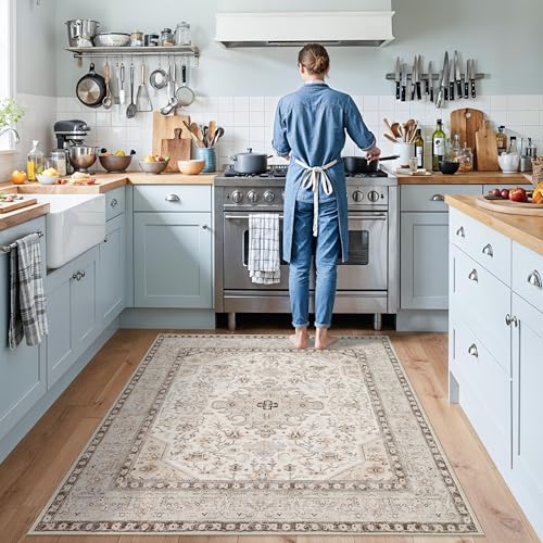 5x5 Rug Square Washable for Entry: Oriental Rugs for Living Room- Ultra Thin Low Pile Stain Resistant Carpet - Home Decor for Vintage Style Lover - 5' Square Ivory - color: Ivory, size: 5' x 5' (Square)