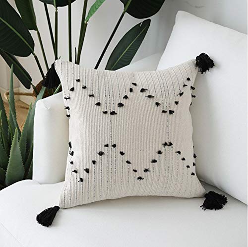 LEVINIS Decorative Boho Throw Pillow Covers 18 x 18 Inch, Black and White Hand Woven Cotton Tassel Pillow Case for Couch, Party, Car, Office, Farmhouse Decor - color: Tribal Geometric, size: 18" x 18" (Pack of 1)