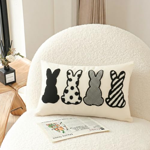 Jonhier Easter Bunny Lumbar Throw Pillow Cover, Black White Gray Neutral Rabbit Decorative Pillow Case for Bed Sofa Couch, Textured Modern Boho Cute Spring Cushion Cover for Home Decor, 12 x 20 inch - size: 20" x 12" (Pack of 1)