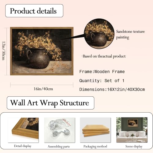 Framed Vintage Floral Wall Art, 3D Textured Sandstone Dark Still Life Flowers Wall Decor Paintings, Rustic Botanical Pictures Prints Aesthetic Home Decor for Living Room Bedroom 12x16 inch - color: Dark, size: 16"L x 12"W