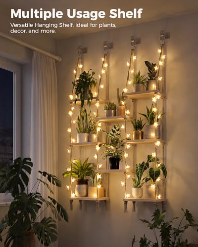 Bamworld Hanging Shelves 8Tiers with Light Plant Hanger Indoor Window Plant Shelves Wood Plant Wall Shelf Window Sill Plant Shelf Indoor Hanging Plant Stand Living Room Decor Garden Boho Decor - size: 8Tier,Light