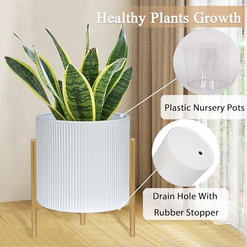 ARNIS Modern Planter Pots, Set of 2 Round Large Planters with Stand, Decorative Floor Planters, Metal Pots with Drainage Holes for Living Room, Office, Garden or Balcony, 8.25 &10.5 Inch, White & Gold - color: White, size: 8.25 &10.5