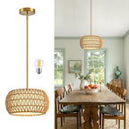 12.6 inch Natural Rattan Light Fixture Rattan Farmhouse Light Fixture Hand-Woven Pendant Lights Fabric Shade Boho Chandelier for Kitchen Dinning Room (Bulb Incl.) - color: 12.6"-Natural-Drum