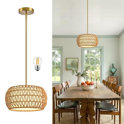 12.6 inch Natural Rattan Light Fixture Rattan Farmhouse Light Fixture Hand-Woven Pendant Lights Fabric Shade Boho Chandelier for Kitchen Dinning Room (Bulb Incl.) - color: 12.6"-Natural-Drum