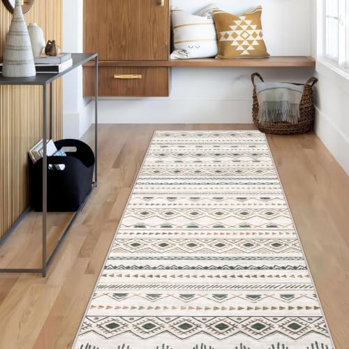Runner Rug 2x5 Boho Geometric Area Rugs: Small Washable Kitchen Entryway Rug, Soft Non Slip Moroccan Long Hallway Rugs for Bedroom Bathroom Laundry Entryway Staircase Foyer(Brown Green,2'x5') - color: Brown/Green, size: 2' X 5' (Rectangular)