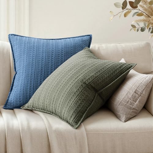 Set of 2 Decorative 100% Cotton Waffle Throw Pillow Covers 20x20, Neutral Euro Shams Weave European Cushion Cases for Couch Sofa Bed Modern Farmhouse Home Decor, Olive Green - color: Olive Green, size: 20" x 20" (Pack of 2)